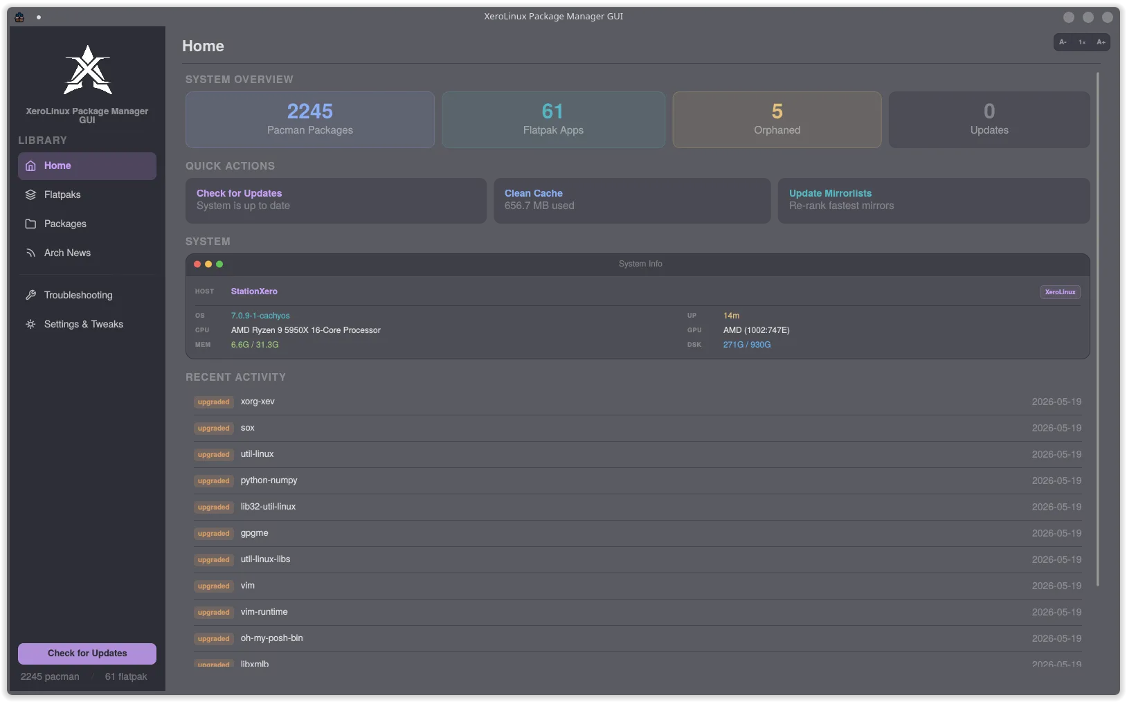 Home screen showing system overview, quick actions and recent activity
