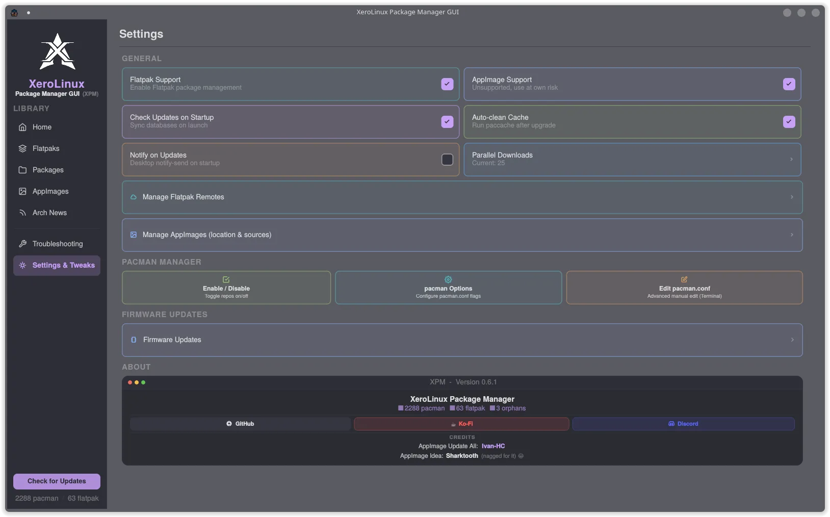 Settings page showing general options, repo manager, firmware updates and about section