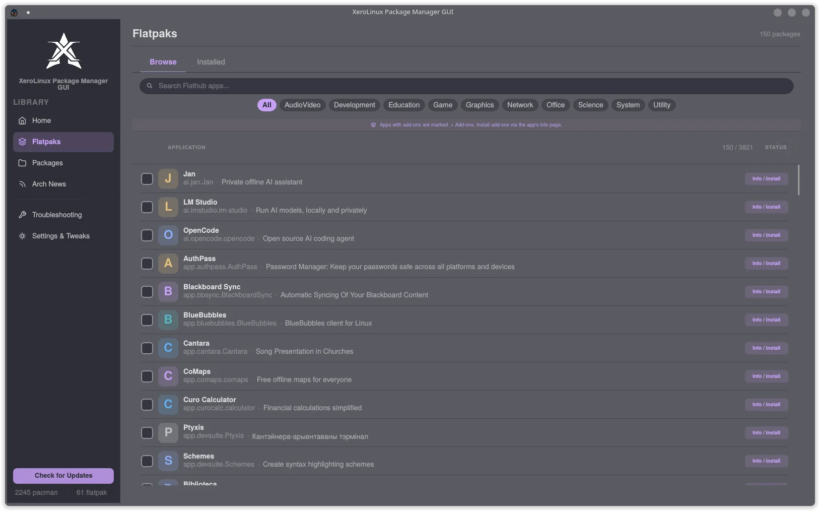 Flatpak browser with category filters and app list