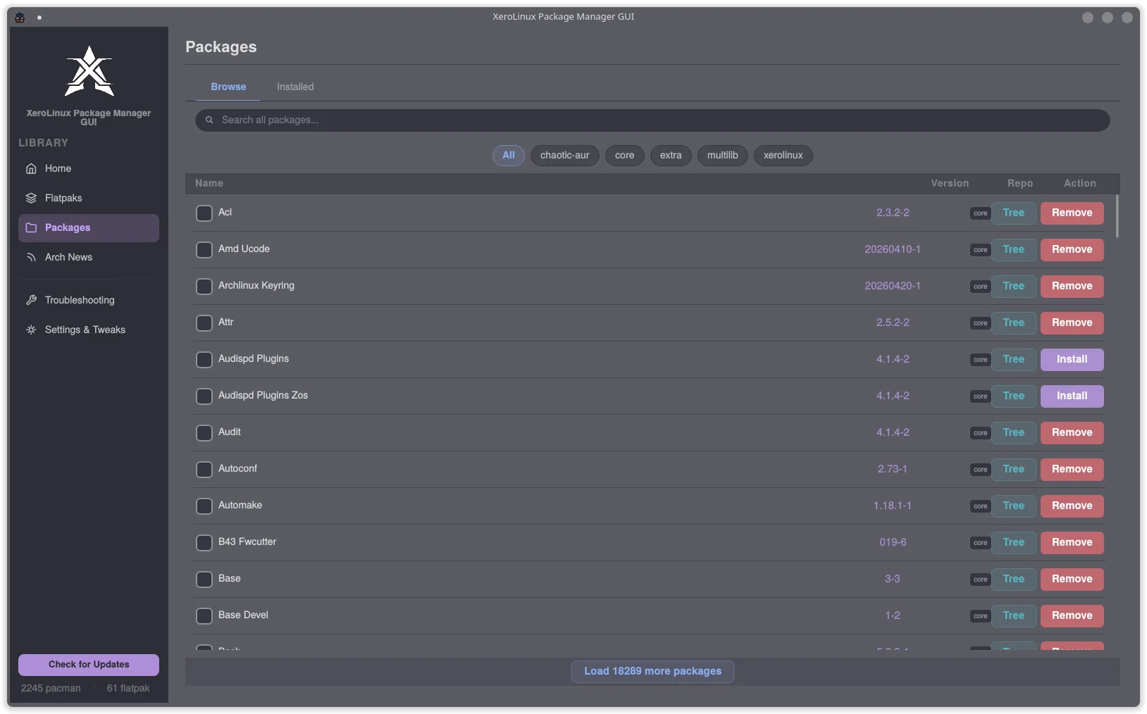 Package browser showing core, extra, multilib, chaotic-aur repositories