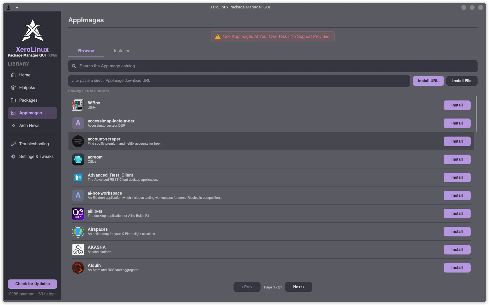 AppImages catalog showing 1049 apps with search, URL install, and per-app Install buttons
