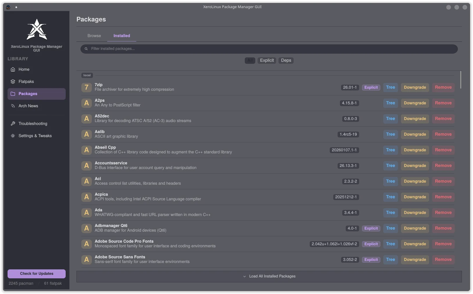 Installed packages list with Explicit badges and action buttons