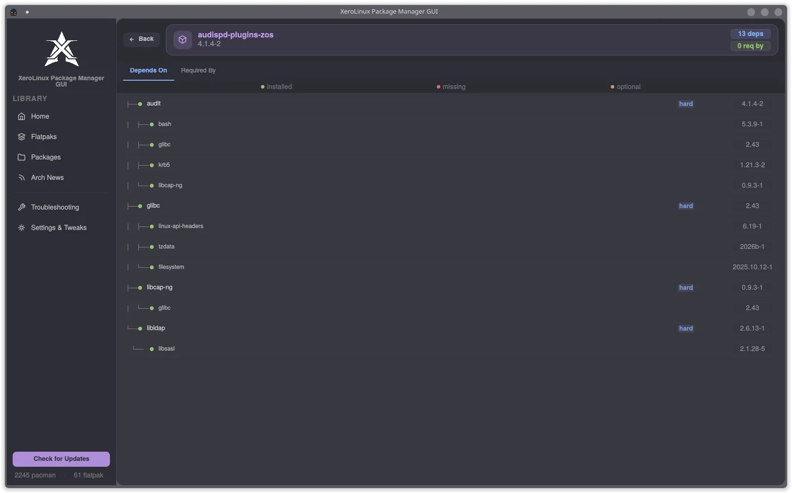 Dependency tree view showing installed, missing and optional deps