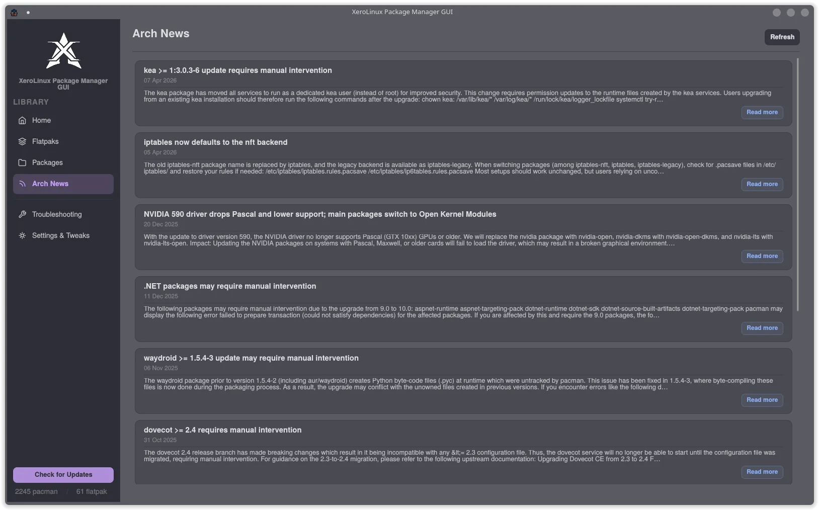 Arch News feed showing latest announcements from archlinux.org