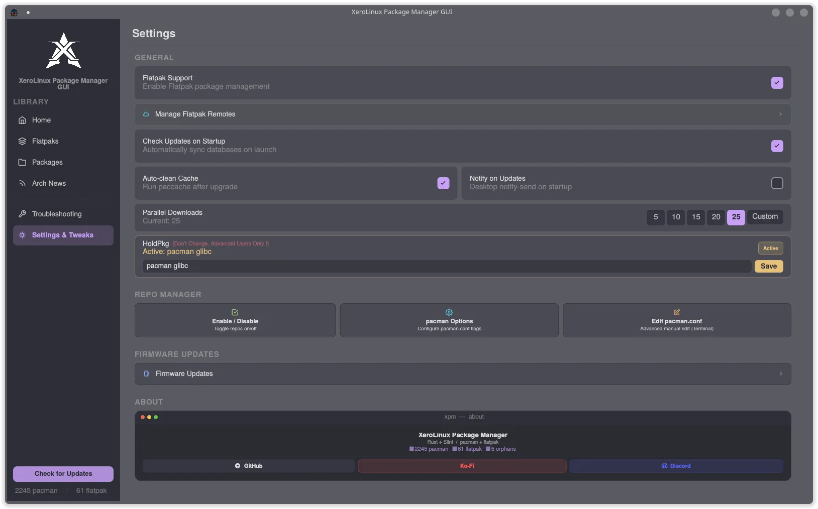 Settings page showing general options, repo manager, firmware updates and about section
